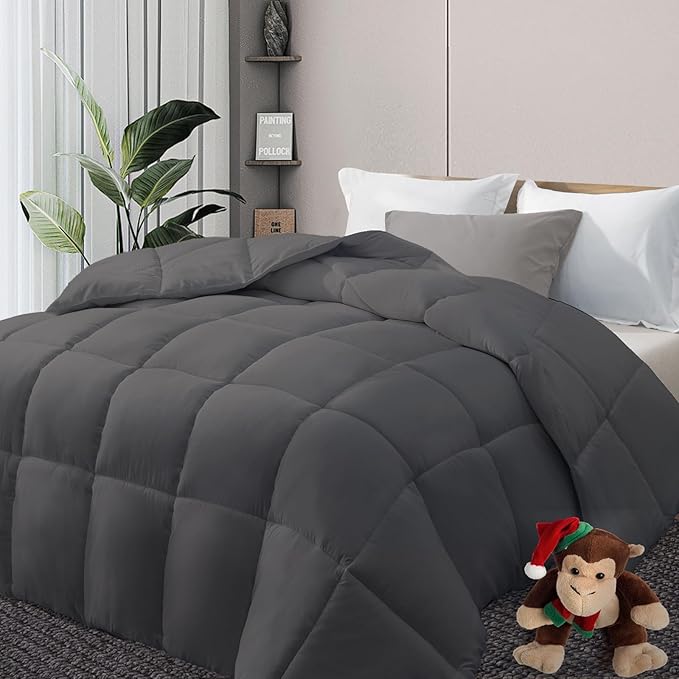 DOWNCOOL Comforters Queen Size, Duvet Insert,Dark Grey All Season Duvet, Lightweight Quilt, Down Alternative Hotel Comforter with Corner Tabs (Dark Gray, Queen 88x92 Inches)