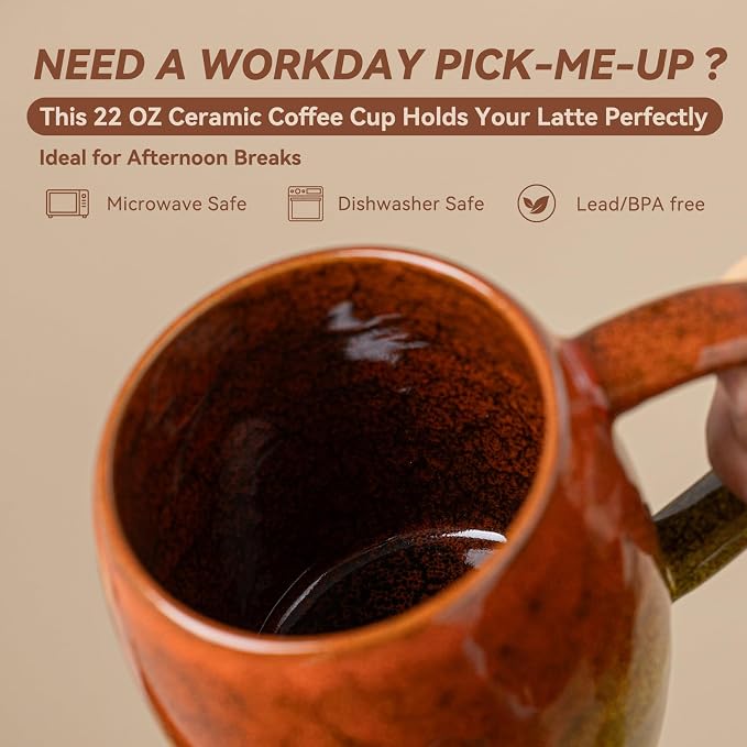 Handmade 22oz Ceramic Coffee Mug, Ergonomic Large Handle, Ideal Gift for Coffee Lovers, Microwave & Dishwasher Safe (Minute-Orange&Yellow)
