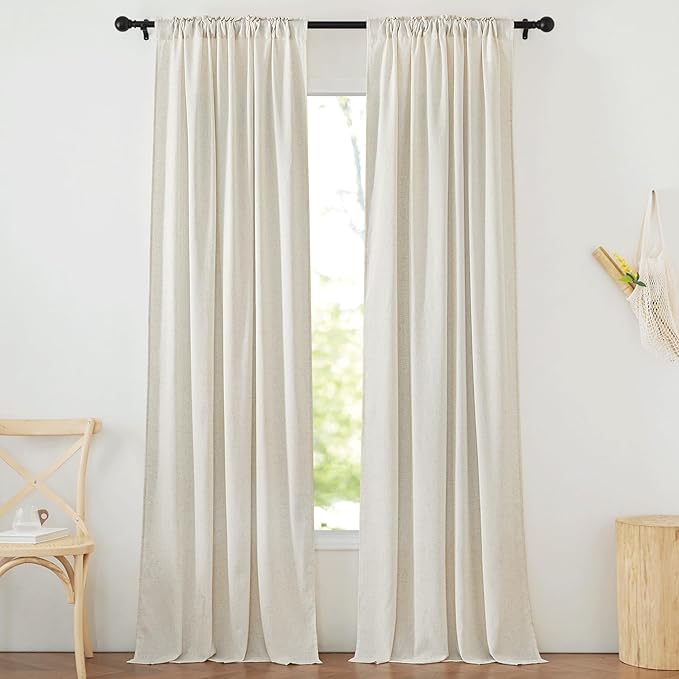 NICETOWN Flax Linen Curtains for Living Room, Rod Pocket & Back Tab Semi Sheer Window Treatments Privacy Added with Light Filtering for Bedroom/Living Room, Natural, W42 x L95, 2 Panels