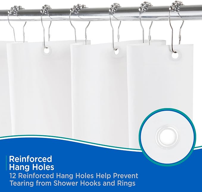 Kenney KN61430 Lightweight 3 Gauge Waterproof PEVA Shower Curtain Liner with Durable Eyelet Hang Holes and Weighted Magnetic Hem for Bathroom, 70" W x 72" H, White, 1-Pack