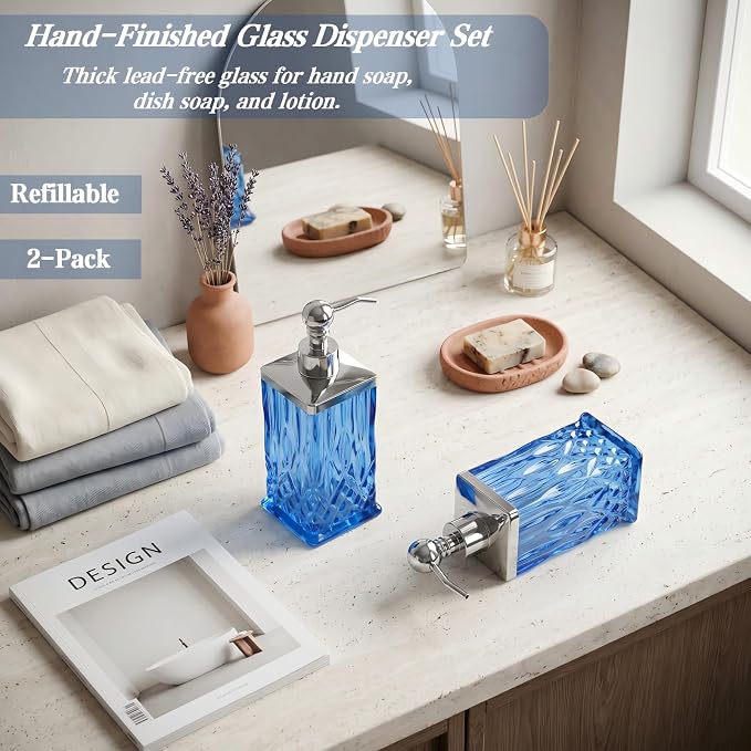 2 Pack 10 Oz Glass Soap Dispenser with Rustproof Stainless Steel Pump,Blue Square Textured Refillable Hand Soap Dispenser with Vertical Fluting for Lotion, Soap,Body Wash, Kitchen & Bathroom Organizer