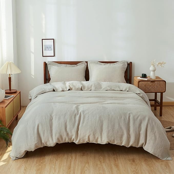 Simple&Opulence 100% Linen Duvet Cover Set 3pcs Basic Style Natural French Washed Flax Solid Color Soft Breathable Farmhouse Bedding with Button Closure - Linen, Full