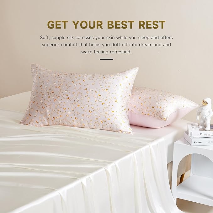 THXSILK Set of 2 Mulberry Silk Pillowcase for Hair and Skin, Mulberry Silk Pillow Case with Hidden Zipper, Soft Smooth Silk Pillowcase(Queen Size 20"x30", Peachy Beige Constellation Pattern)