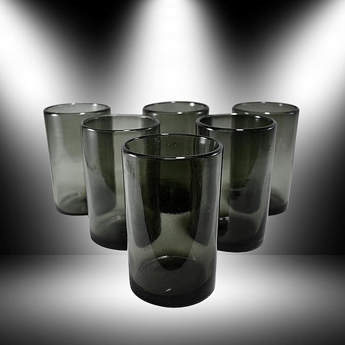 MAREY Hand Blown Drinking Glasses Artisan Crafted from Mexico Set of 6 pieces (Smoke, Water 16 Oz.)