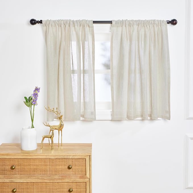 Solino Home 100% Pure Linen Sheer Curtain 36 Inches - European Flax Light Natural Curtain 52 x 36 Inch - Light Filtering Window Treatment Panel for Kitchen, Cafe, Bedroom, Living Room - 1 Panel