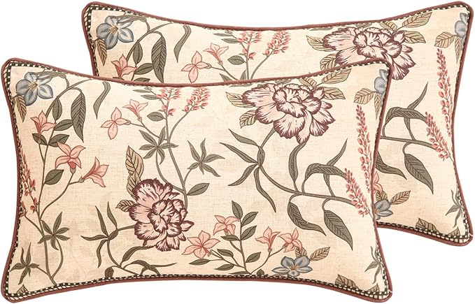 ISAENNE Design Linen Vintage Throw Pillow Covers 12"x20" Pack of 2, Rectangle Cushion Covers with Blue Pink Flowers Green Leaves Pattern Decoration Pillowcases for Bed,Living Room,Outdoor,Car