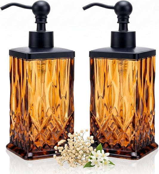 2 Pack 10Oz Glass Soap Dispenser with Matte Black Zinc Alloy Pump,Amber Square Textured Refillable Hand Soap Dispenser with Vertical Fluting for Lotion,Soap,Body Wash,Kitchen Bathroom Countertop Decor