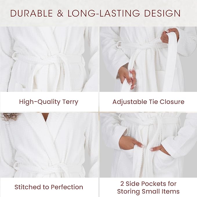 Be Relax Bathrobe for Women - Full Length Terry Cotton Robe with Shawl Collar and Hood, Warm and Cozy Robe with Belt & Pocket