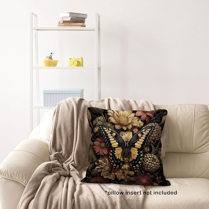 Moody Butterfly Floral Throw Pillow Cover Gifts 18x18, Vintage Dark Cottagecore Academia Decor Pillow Cases for Bedroom Living Room, Cottage Core Decorative Pillowcases for Couch Bed Sofa