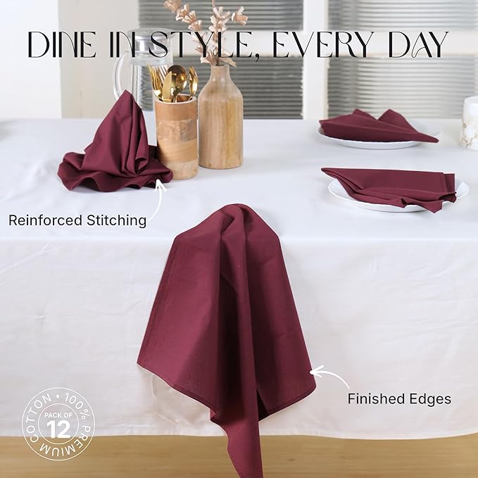 Cloth Napkins Set of 12, 100% Cotton Fabric Reusable Dinner Napkins, 18 x 18 Inch Washable Table & Kitchen Napkins for Everyday Dining, Entertaining, Home & Restaurant Use, Burgundy