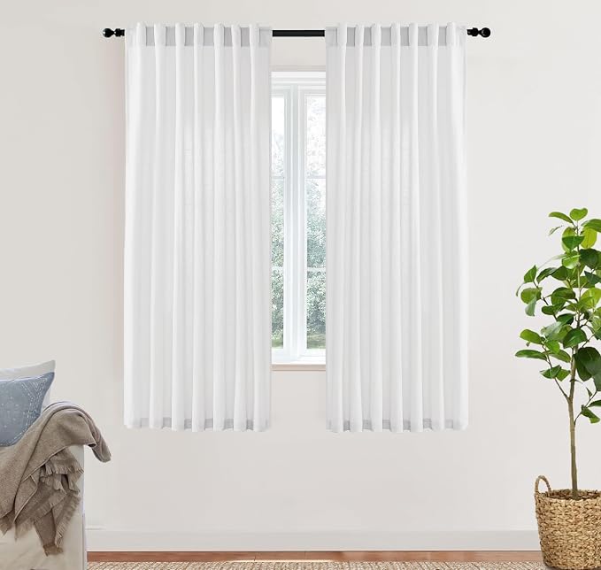 XTMYI White Sheer Curtains 63 Inch Length for Living Room 2 Panels Natural Linen Voile Rod Pocket Back Tab Short Sill Length Bay Window Curtain Set for Dark Bedroom,50x63 Inches Long,Pure White