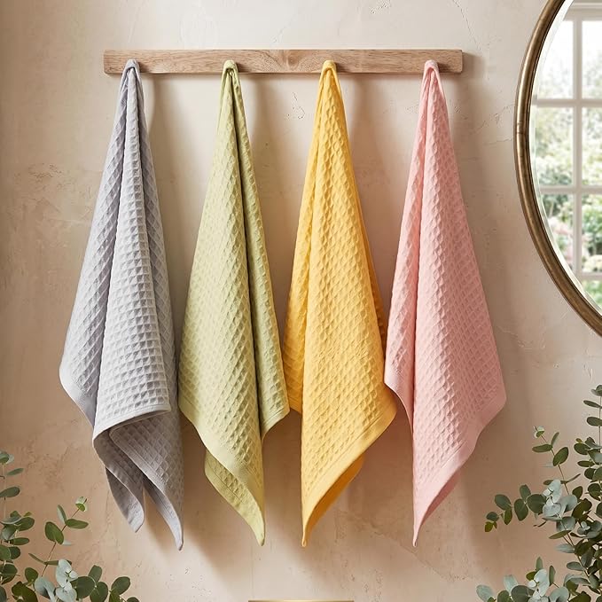 SmoothNovelty 4 Pack 100% Cotton Waffle Bathroom Hand Towels 13 x 29 Inch Waffle Weave Kitchen Dish Towel Quick Dry Absorbent for Bathroom Shower Gym Spa Yoga, Candy Color