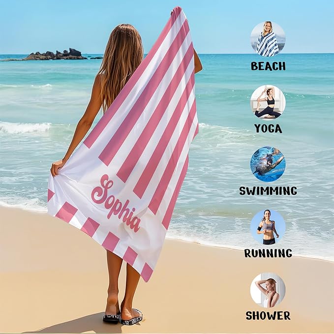JML Personalized Beach Towel with Name, Custom Cabana Stripe Beach Towel, Customized Microfiber Pool Towel, Quick Dry & Absorbent Swim Towel for Adult,Anniversary, Birthday, Summer Holiday,Vacation