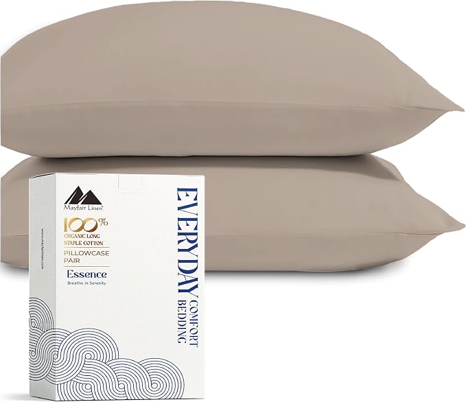 Mayfair Linen 100% Organic Cotton Percale Pillow Cases Queen/Standard Size Set of 2 - Percale Pillowcovers Standard/Queen (Taupe), Soft Cooling Pillow Case for Sleeping, Cotton Pillowcases