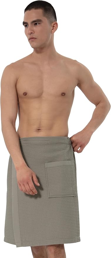 SEYANTE Men's Organic Waffle Spa Wrap – GOTS Certified 100% Turkish Cotton, Adjustable Closure, Same-Color Piping