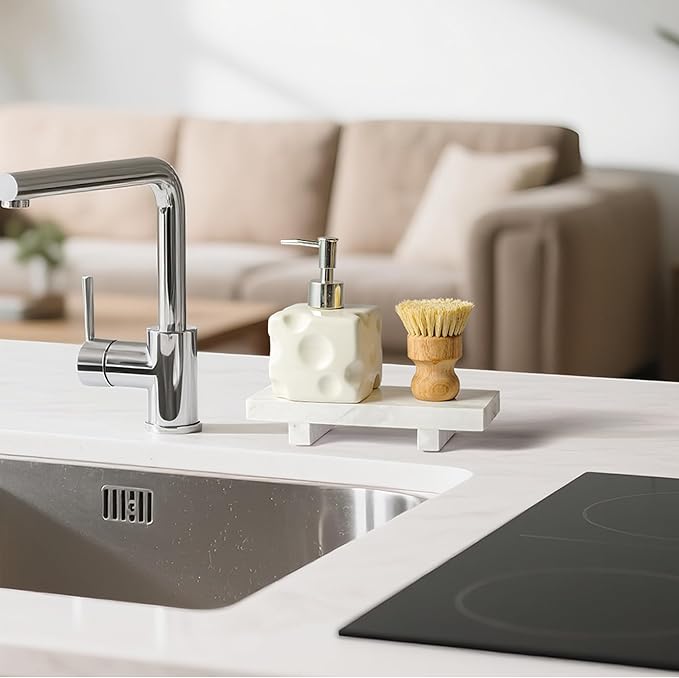 Marble Soap Tray for Bathroom Kitchen Countertop 8.6" x 3.6" Waterproof Soap Dish Holder, Stone Pedestal Stand for Sink, Vanity, Counter Luxury Decorative Tray Farmhouse Decor White (WH088)