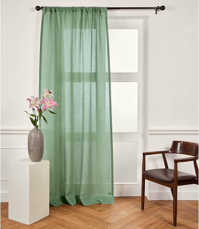 Solino Home European Flax Linen Sheer Curtain 108 Inches Long, 100% Pure Linen Aspen Green 52 x 108 Inch Long Light Filtering Rod Pocket Window Curtains Panel for Living Room, Bedroom - 1 Panel