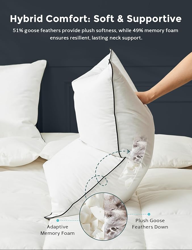 Goose Down Pillows King Size Set of 2 with 100% Organic Cotton Cover, Luxury Hotel Bed Pillows for Sleeping, 3-Chamber Design Medium Support for Side & Back Sleepers, 20x36 Inch