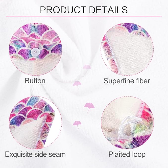 MADHOLLY Fast Drying Microfiber Hair Towel for Kids Women - 2 Packs Soft Super Absorbent Hair Towel Wrap with Button, Anti-Frizz Turban for Thicker Curly Long Hair, Mermaid Gift for Girls