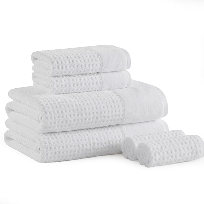 Madison Park Spa Waffle 100% Cotton Luxurious Towel Set, Premium Texture Waffle Weave, Highly Absorbent, Quick Dry, Hotel & Spa Quality Wash Clothes for Bathroom, Assorted Sizes, White 6 Piece