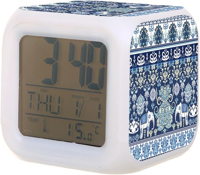 Digital Alarm Clock,Blue Elephants 7 Color Change LED Digital Alarm Clock with Date Thermometer for Toddlers,Girls and Boys