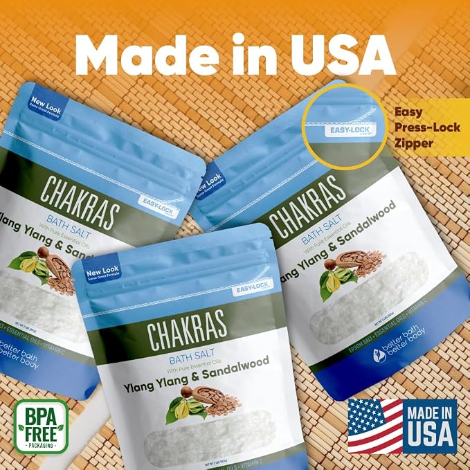 Chakras Bath Salt (3 Pack) USP Epsom Salt with Natural Ylang Ylang and Sandalwood Essential Oils Plus Vitamin C in BPA Free Pouch with Easy Press Lock Seal Made in USA Bundle 6 Lbs Total