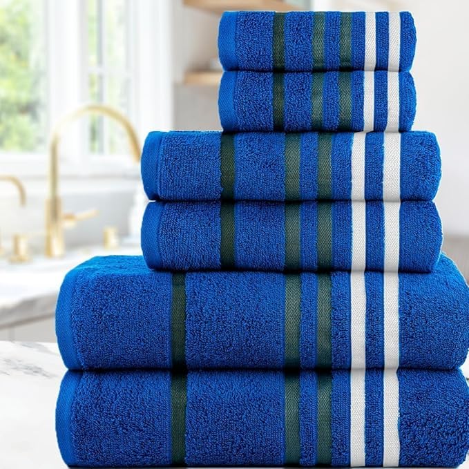 CASA COPENHAGEN Exotic 6Pcs 100% Egyptian Cotton Designer Towels Gift Set- Electric Blue, 550GSM,2Bath2Hand2Washcloths,Bath Towels for Bathroom (Box Pack,Gift Ribbon Set for Women & Men)