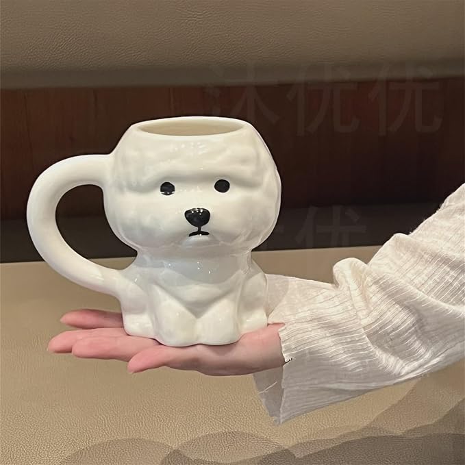 Coffee Mug Cups Ceramic Tea Cup Cute 3D Bichon Frise Dog Shaped Handmade Pottery Cute Mugs Handle Office Home Hot Ice Chocolate Milk Mugs Gifts Microwave Dishwasher Safe 14 Oz Travel Mug (White dog)