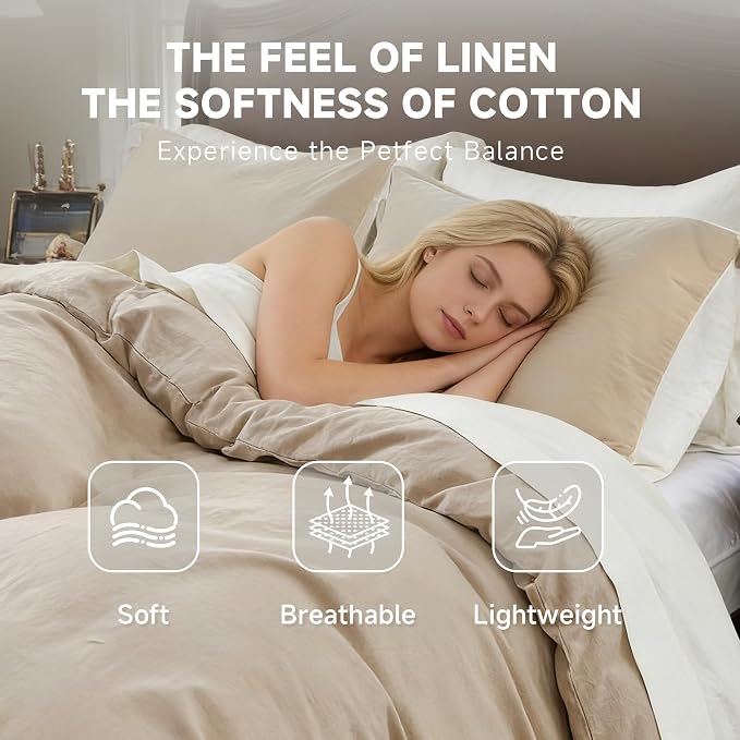 QKTE French Linen Duvet Cover Set, 3 PCS Natural French Flax Beige Duvet Cover King Size, Breathable Soft Comfy Linen Bedding Comforter Cover with 2 Pillowcases(Beige, 104" x 92")