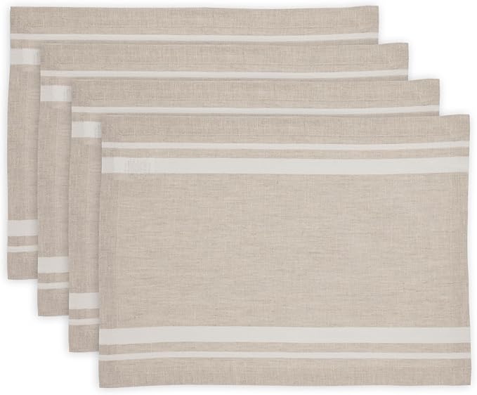 Solino Home Linen French Stripe Placemats Set of 4-100% Pure Linen White and Natural Placemats 14 x 19 Inch for Summer