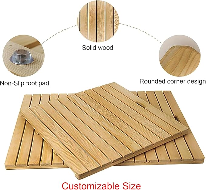 Bamboo Shower Mat Non Slip Bathroom Floor Mat for Bathtub Spa Pool Indoor and Outdoor Use Commercial Grade Waterproof Door Mat,Natural-50cm x 50cm,Natural-50cm x 50cm