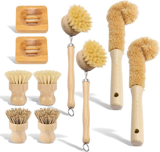10 Pcs Bamboo Dish Brush Set, Wooden Dish Brush with Long Handle Cup Brush, Short Handle Sisal & Coarse Brushes, Square Rack Tray, Natural Bamboo Bottle Brush for Pots, Pans,Vegetables