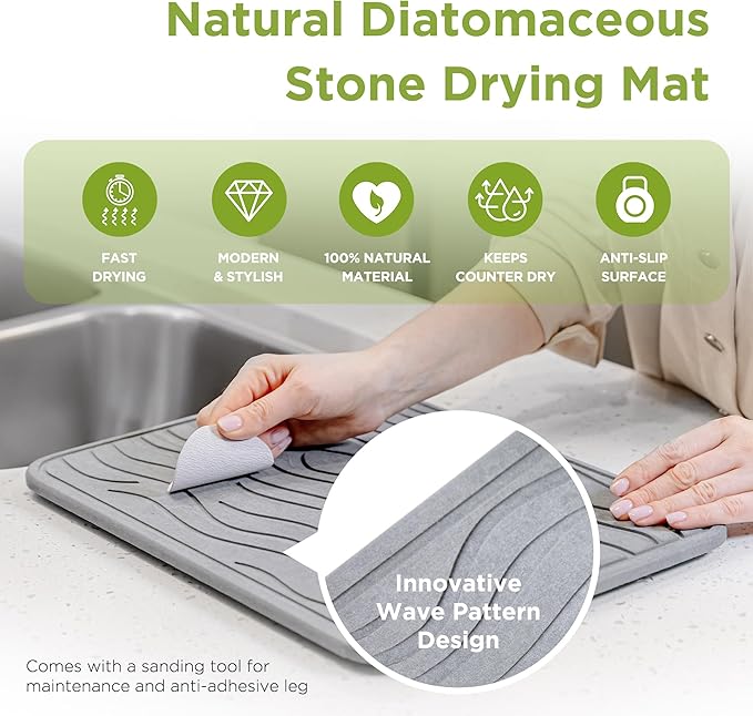 Stone Dish Drying Mat for Kitchen Counter - Super Absorbent, Fast Drying Diatomaceous Earth, Prevents Water Build-Up, Non-Slip & Heat Resistant, 15.75" X 11.75", Dark Gray