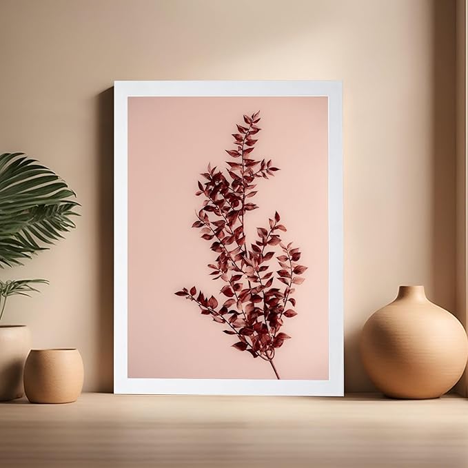 Monem Art Dried Red Botanical Branch Print - Minimalist Boho Nature Poster - Wall Decor for Living Room, Bedroom or Office - 16x20 White Framed Wall Art by Mareike Bohmer