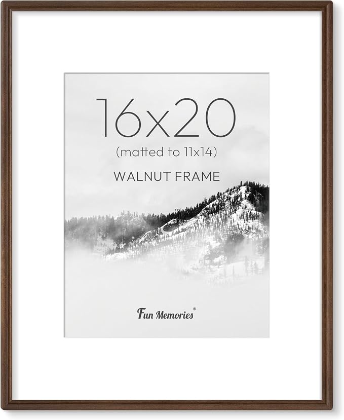 16x20 Picture Frame with Mat for 11x14, USA-Sourced Walnut Wood Handcrafted Rounded Corner with HD Tempered Glass, 16 x 20 Gallery Wall Frames for Posters & Art Prints, Vertically or Horizontally