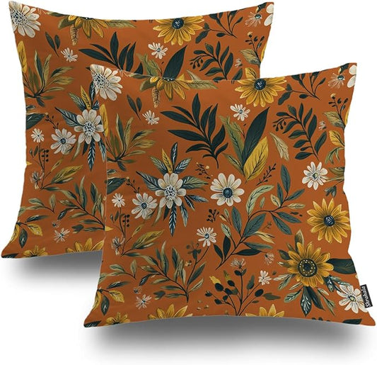 Shrahala Natural Aesthetic Organic Decorative Throw Pillow Cover, Free Form Flowers Earthy Color Square Pillowcase Blended Double-Sided No Inserts for Bedroom Living Room Set of 2 (20 x 20 in)