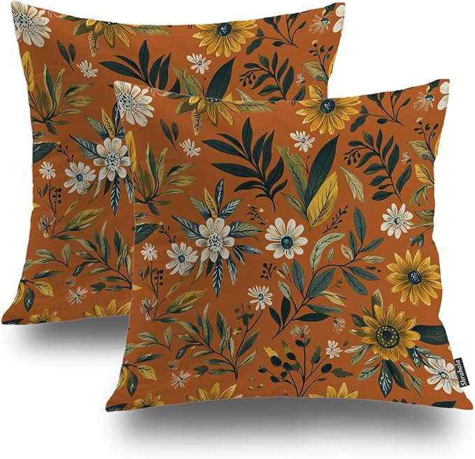 Shrahala Natural Aesthetic Organic Decorative Throw Pillow Cover, Free Form Flowers Earthy Color Square Pillowcase Blended Double-Sided No Inserts for Bedroom Living Room Set of 2 (24 X 24 in)