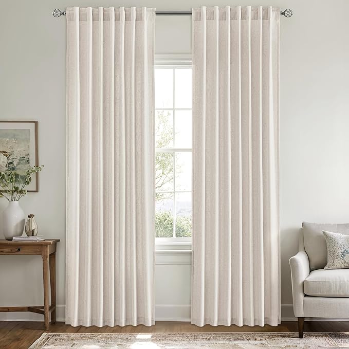 MIULEE Non-See-Through Privacy Linen Curtains 2 Panels, Light Filtering Window Curtains Farnhouse Textured Back Tab Semi Sheer Drapes for Bedroom Living Room, 52 x 84 Inches Long, White
