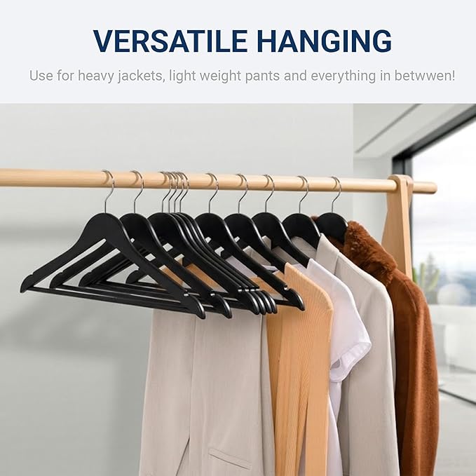 Amber Home Solid Wood Suit Coat Hangers 30 Pack, Smooth Black Finish Wooden Dress Hangers with Non Slip Pant Bar, Clothes Hangers with 360 Swivel Hook & Notches for Jacket, Pant, Shirt (Black, 30)