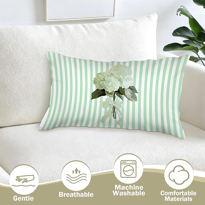 Cottagecore Mint Green Hydrangea Floral 12x20 Pillow Cover, Preppy Girly Bow Botanical Flower Green Striped Decorative Lumbar Pillow Cover for Girls Room Dorm Bedroom Living Room Home