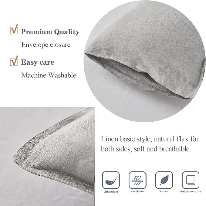 Simple&Opulence 100% Linen Lumbar Pillow Cover 12 x 20 Inches Set of 2 Rectangular Decorative Throw Cushion Cover for Couch Sofa Bed Living Room Office Soft Breathable Farmhouse - Light Grey