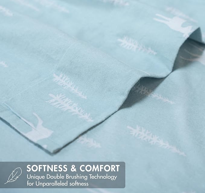RUVANTI Flannel Sheets King Size - GOTS Certified 100% Organic Cotton, 4 Piece Warm, Soft & Breathable Set, Deep Pocket Snug Fit, Double Brushed Cozy All Season Bedding, Blue Pine