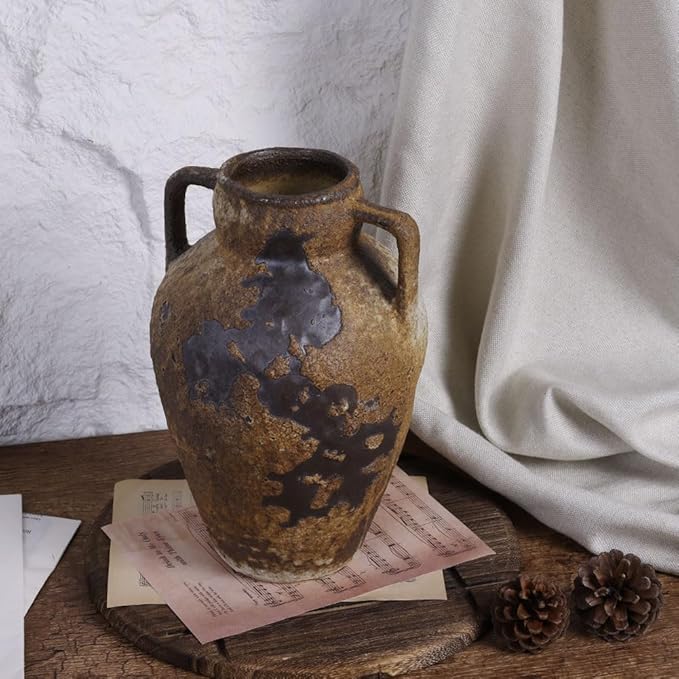 Wabi Sabi Rusty Vintage Vase, 10" Tall Wabi Sabi Decor Rustic Farmhouse Pottery Vase for Centerpiece, Textured Pottery Flower Vases for Home Decorative, Table, Living Room, Bedroom, Bathroom, Kitchen