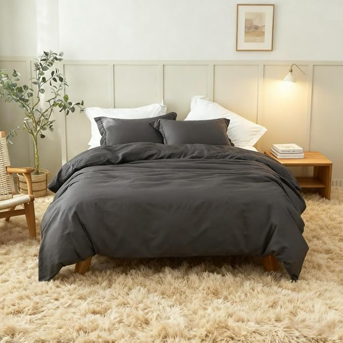 Simple&Opulence French Linen Duvet Cover Set 68" x 86"- 2 Pieces (1 Comforter Cover,1 Pillowcase)- Natural Flax Cotton Blend-Solid Color Breathable Farmhouse Bedding-Charcoal Grey, Twin