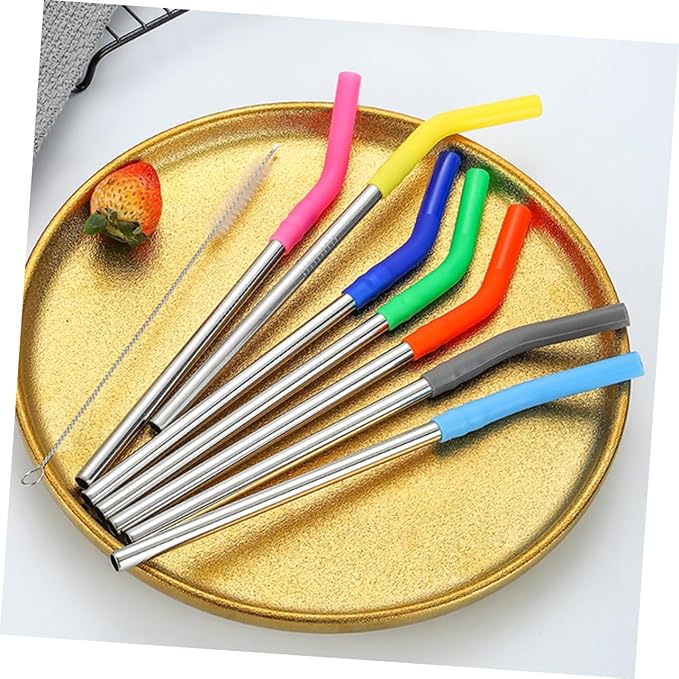 Garneck Reusable Stainless Steel Straws Set with Silicone Sleeves Cleaning Brush Mixed Colors Drinking Straws for Home Office Travel and Outdoor Use