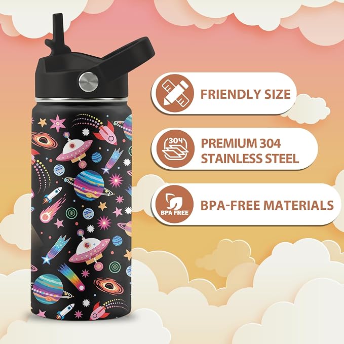 16 oz Water Bottle with Straw Lid, 2 Pack Set, Space Unicorn Gifts for Boys Girls, Stainless Steel Insulated Water Bottles for School Travel Outdoor Sports, Cute Universe Unicorn Cups