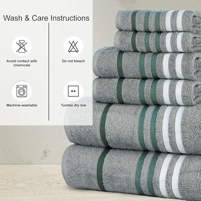 CASA COPENHAGEN Exotic 6Pcs 100% Egyptian Cotton Designer Towels Gift Set- Pine Grey, 550GSM,2Bath2Hand2Washcloths,Bath Towels for Bathroom (Box Pack,Gift Ribbon Set for Women & Men)