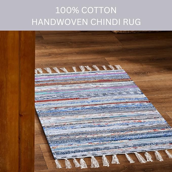 Cotton Chindi Rug - Boho Rustic Area Accent Throw Rug - Area Floor Carpet for Bedroom Living Room Kitchen Dorm Entryway Hallway - 20x32 inch Hand Woven Reversible Rug Pastel Multi Color