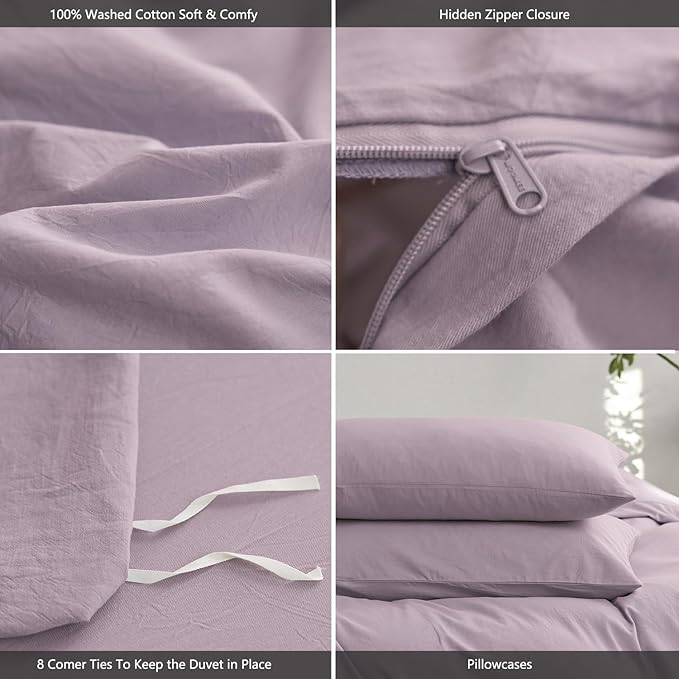 MooMee Queen Duvet Cover Set, 100% Washed Cotton Linen Like Twill Thick Sturdy Material Super Soft Breathable Durable Bedding for All Season, 3 Pieces (Lavender, Queen 90"x90")