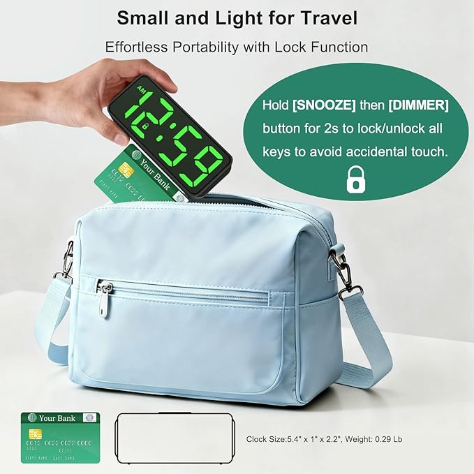 Peakeep Small Mini Battery Powered Digital Alarm Clocks for Bedrooms Bedside, Cordless Tiny Travel Portable Desk Clock, Large Numbers Auto Dimmable, LED Display 4 Dimmers, 5 Alarm Volumes